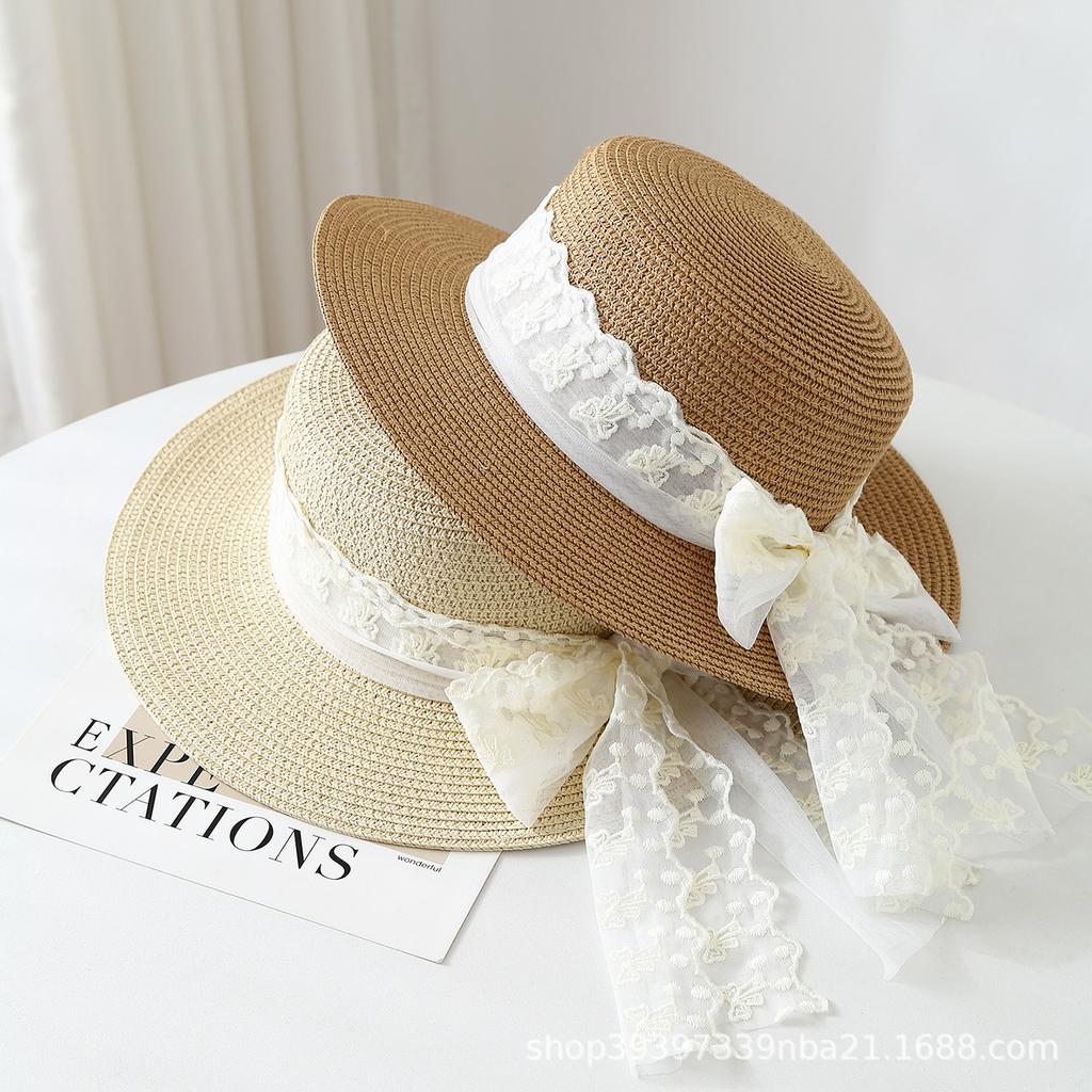 Small fresh lace bow straw woven flat top straw hat women's spring new seaside vacation sunshade beach hat
