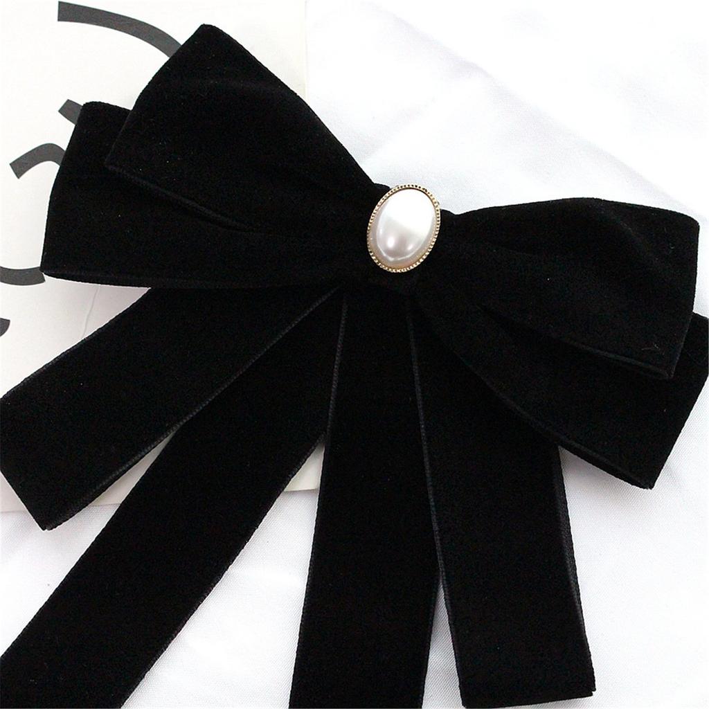 Elegant Women's Velvets Bows Tie Brooch Pin Pre Tied Bowknot Necktie with Rhinestones and Pearls Decors for Formal Event