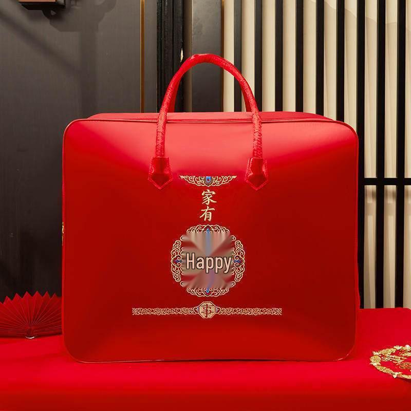 Red Satin Wedding Dowry Storage Bag Set - Four-Piece Oxford Cloth Tote for Quilts 25L - Small (50x42x12cm)