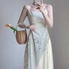 Women's Cream Spaghetti Strap Midi Square Neck Ruched Waist Abstract Line Print Elegant Party Dress