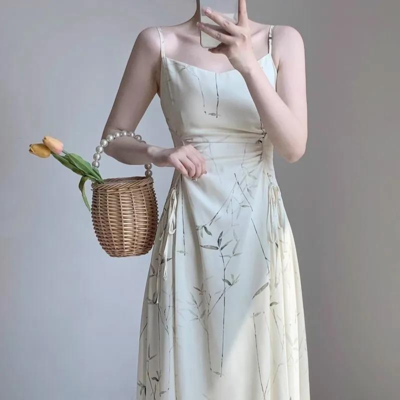 Women's Cream Spaghetti Strap Midi Square Neck Ruched Waist Abstract Line Print Elegant Party Dress