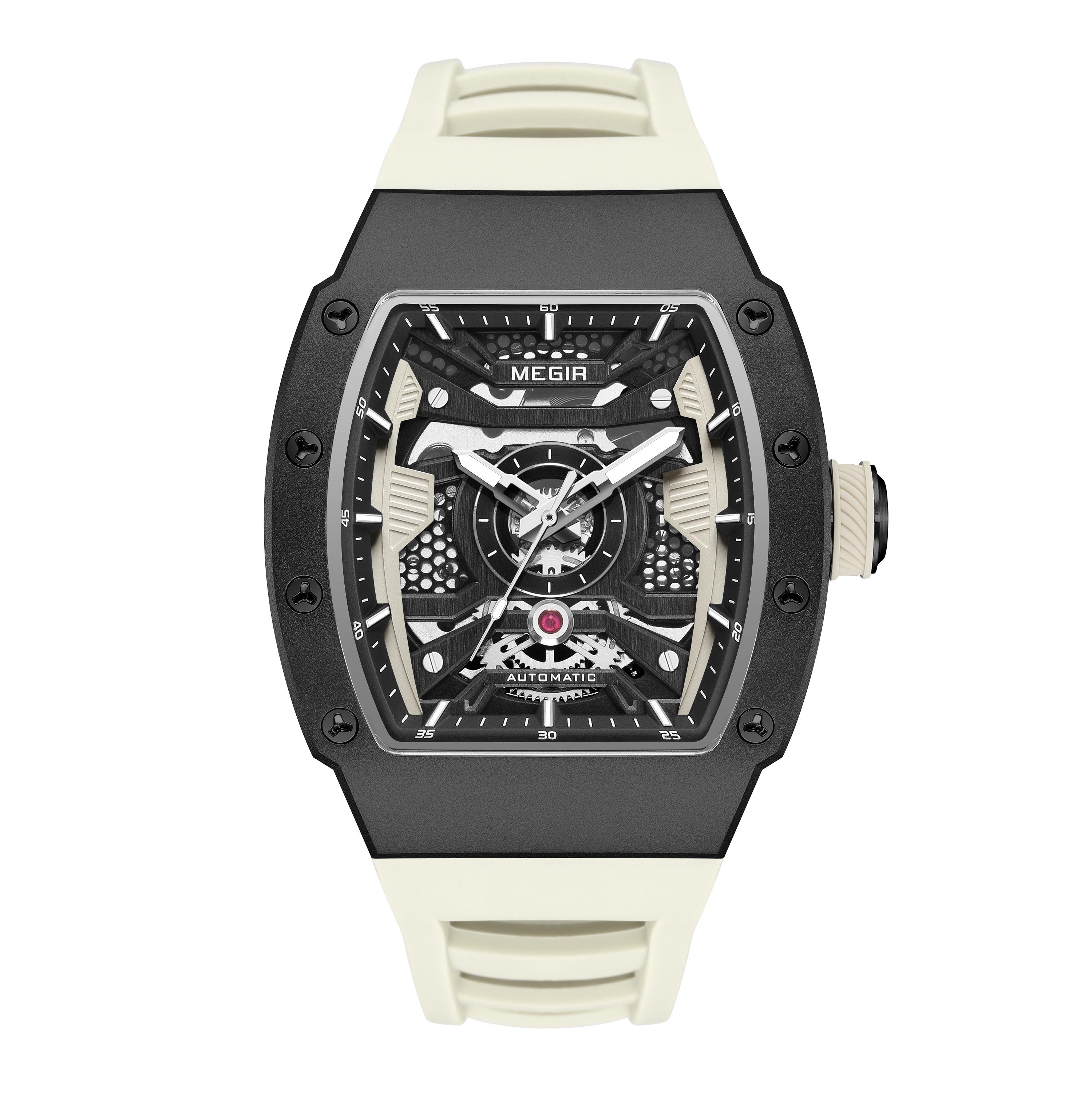 

MEGIR Мужские автоматические механические часы Водонепроницаемые с силиконовым ремешком и спортивными стрелками Часы Reloj Hombre 8604 черный серый