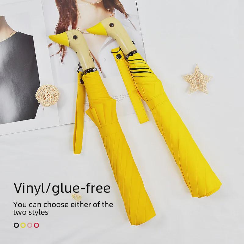 Cartoon Duck Umbrella: Semi-Automatic, Multi-Color, Black Plastic, Wooden Handle, Cute Yellow Duck Design
