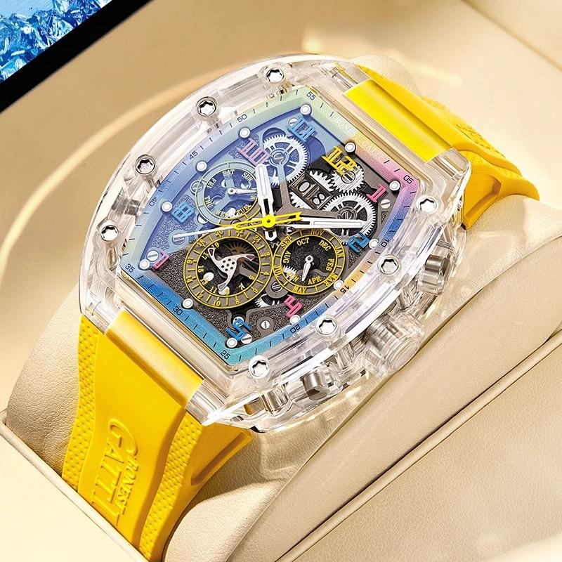Bugatti Watch Men'S Barrel-Shaped Multifunctional Three-Eye Acrylic Transparent Case Mechanical Watch