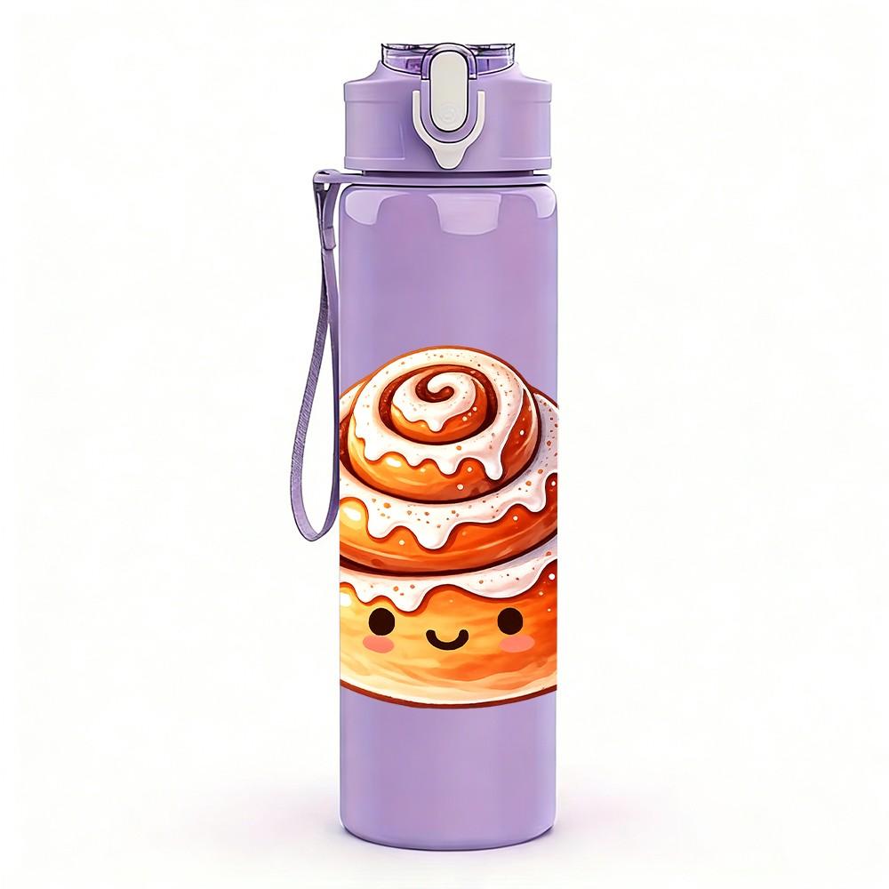 1PC Cinnamon Roll Cartoon Pattern 750ml Color Plastic Sports Water Bottle Leakproof Flip Straw Lid Suitable for Sports Office Home Use
