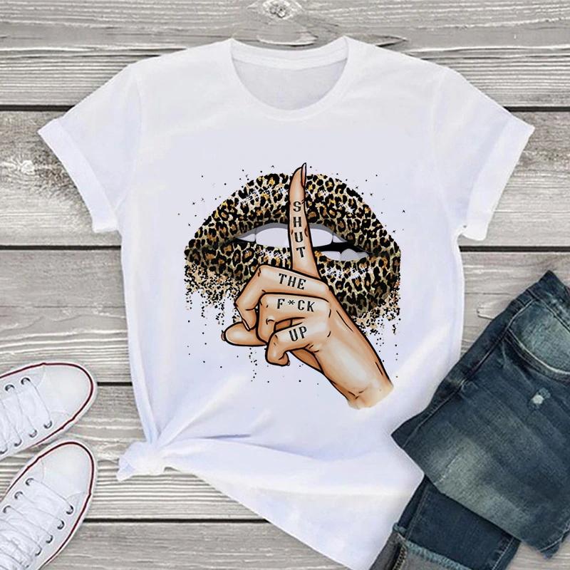 Shut Up Lips Harajuku Funny Printed Women T Shirt Girl O Neck Aesthetics Print Casual Short S