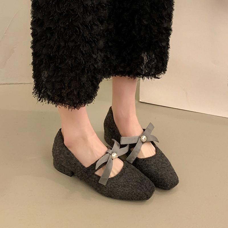 2026 Spring New Coarse Heel Single Shoes Women's Fashion Square Head Shallow Mouth Suede Butterfly Knot Non-slip Low Top Shoes