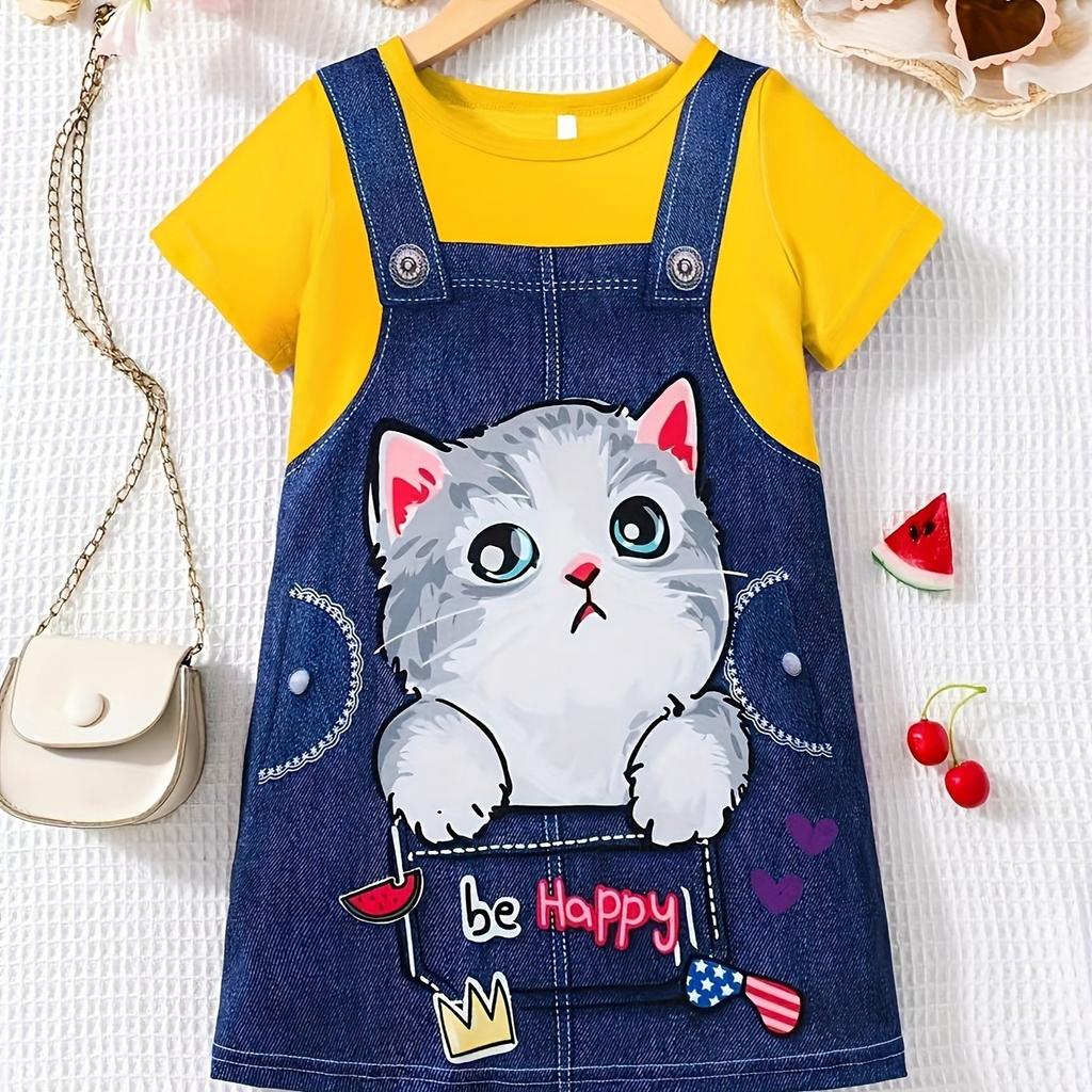 Funny Strap Print Girl Clothes Children Dresses Summer Kids Clothes Round Neck Streetwear Girl Dresses Cartoon Cute Girl Outfits