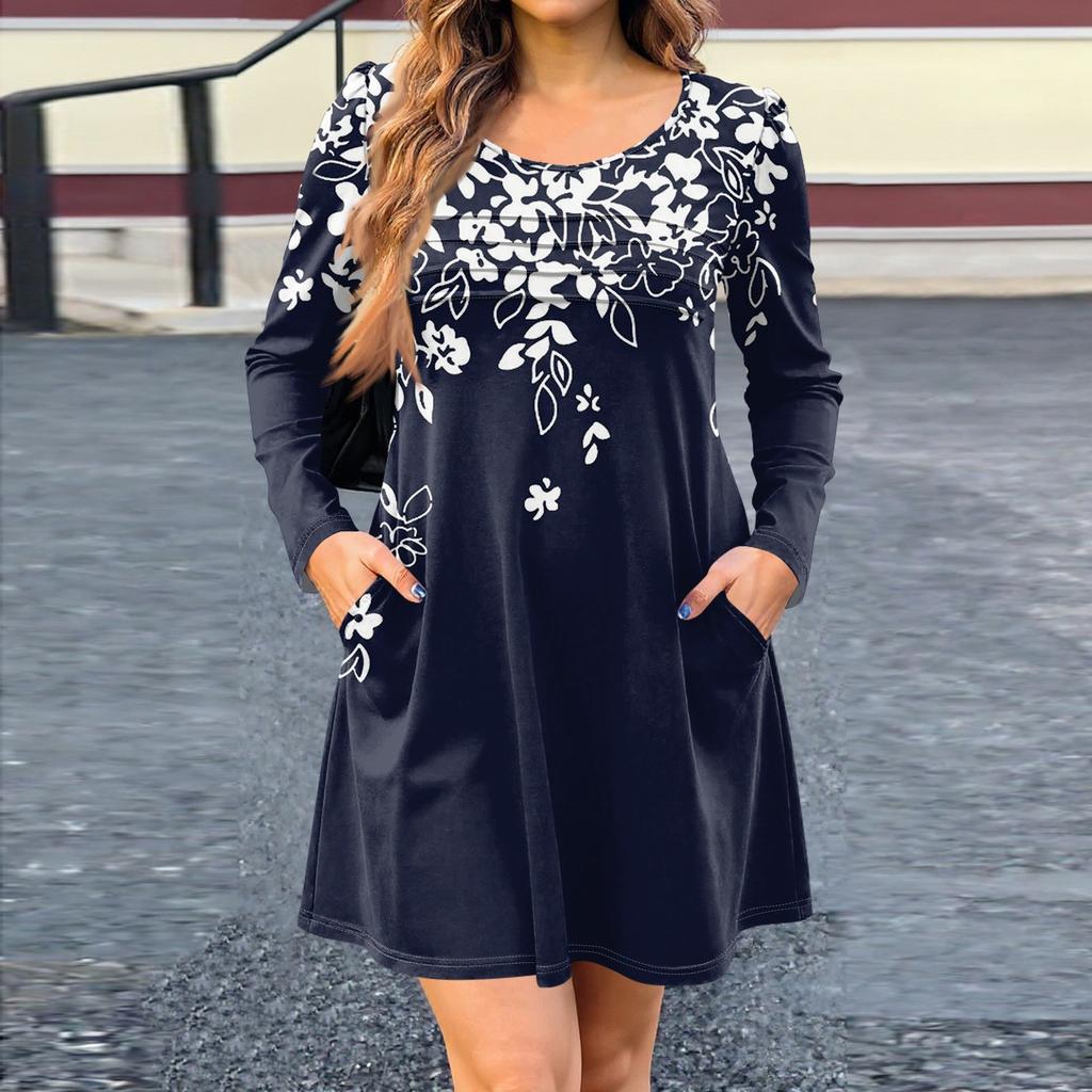 Women's Long Sleeve Dress Fall Casual T Shirt Loose Fit Pleated Front Dresses With Pockets