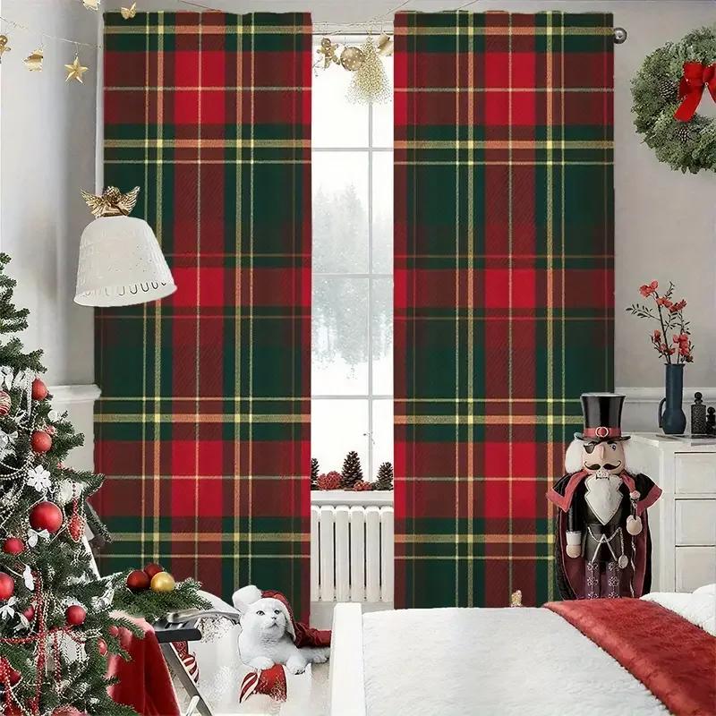 Set Of 2 Plaid Curtain Polyester Xmas Window Decor Home Classic Curtains Room Darkening Made