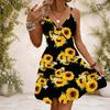 Women Plus Size Black V Neck Sleeveless Spaghetti Strap Gathered Waist Flared Printed Dress