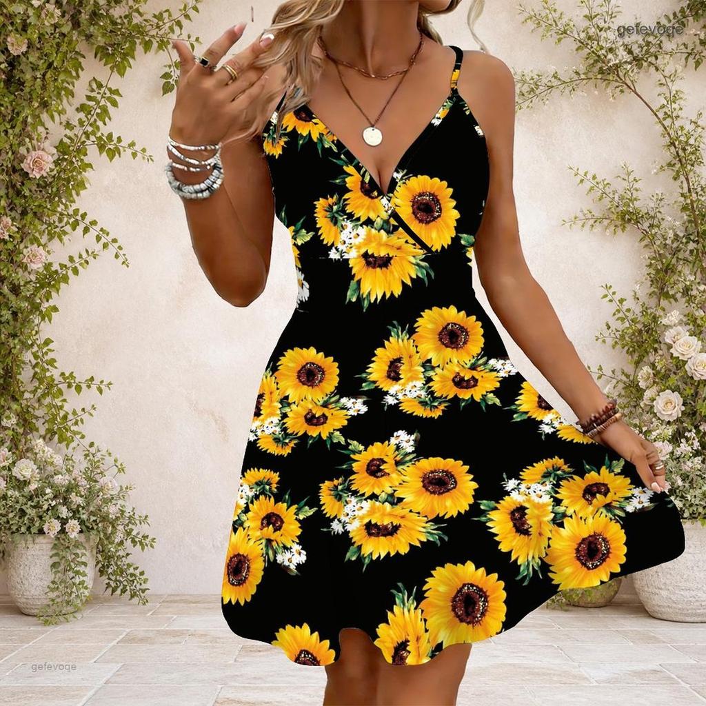 Women Plus Size Black V Neck Sleeveless Spaghetti Strap Gathered Waist Flared Printed Dress
