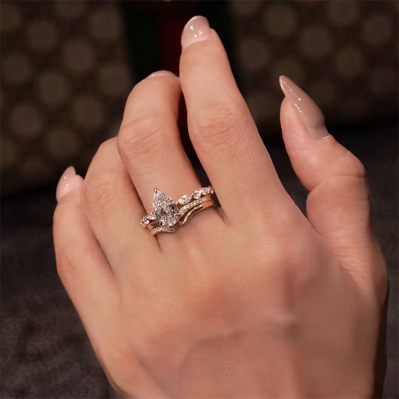 Fashion Inlaid Diamond Water Droplet High-end Ring Two-piece Set Single Diamonds Design Ring Unique Party Fine Jewelry Gift