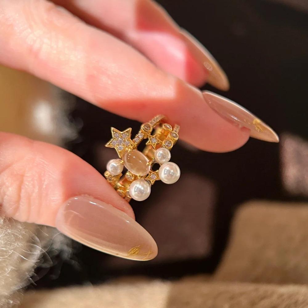 Open Ring Star Pearl Elegant French Vintage Minimalist Design Women Jewelry adjustable