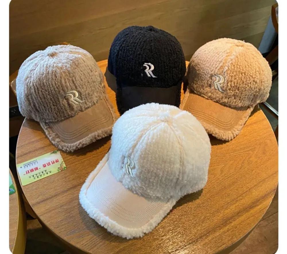 Winter Baseball Cap Women's Embroidered Letters Plush Warm All- Hat Lambskin