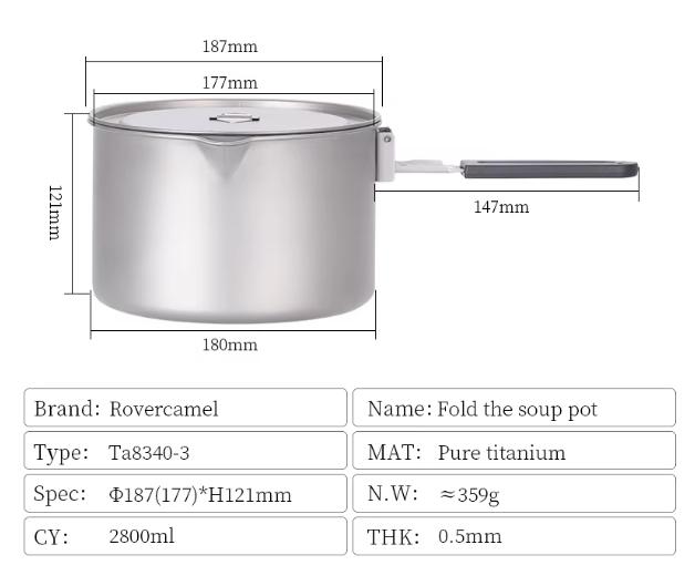 Ultra-Light 3-Piece Titanium Cookware Set for Camping and Outdoor 3-Piece Foldable Handle Pot and Frypan