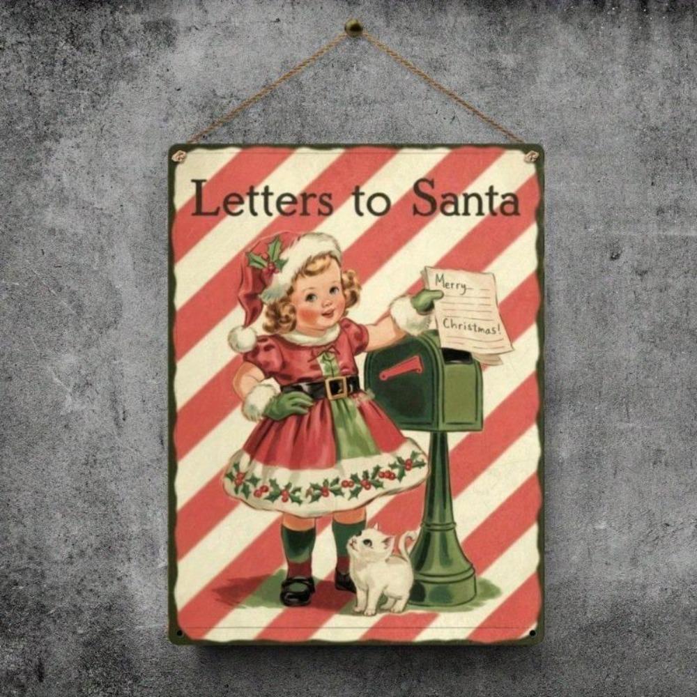 Vintage Tin Sign 8x12 Inch Letter to Santa, Retro Wall Art Home Decor, Rustic Tinplate Painting for Living Room Bedroom, Easy to Hang 2pcs