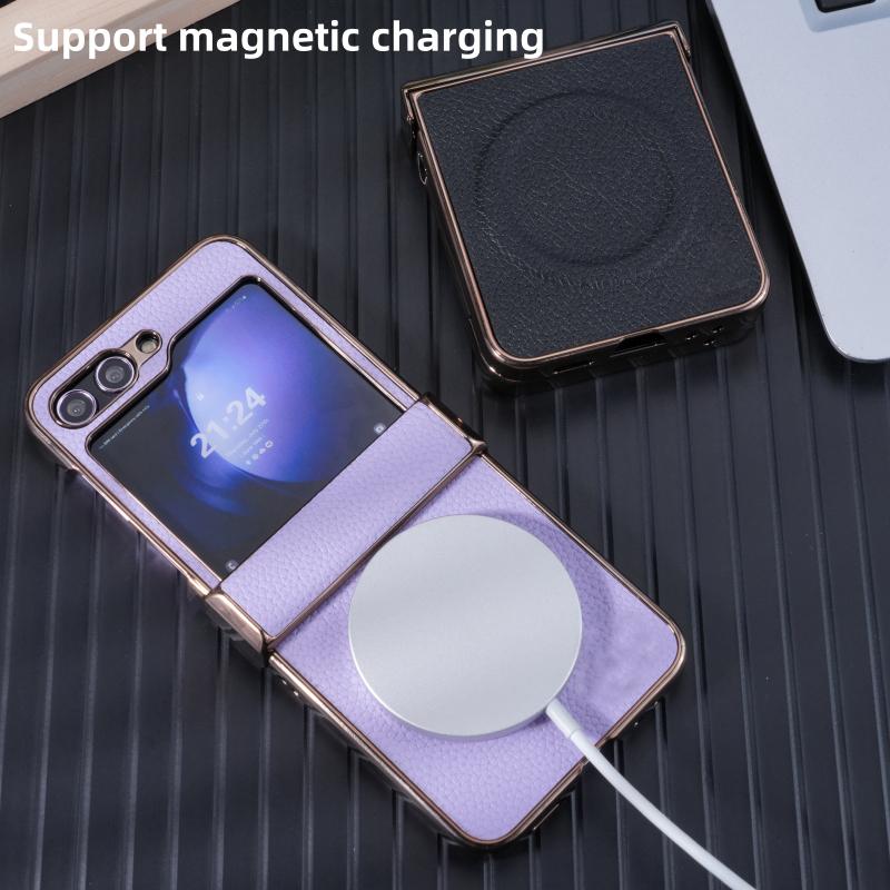 For Samsung Galaxy Z Flip 7 6 5 4 3 Lychee Texture Leather Magnetic Anti-Fingerprint Drop-Proof Folding Phone Case