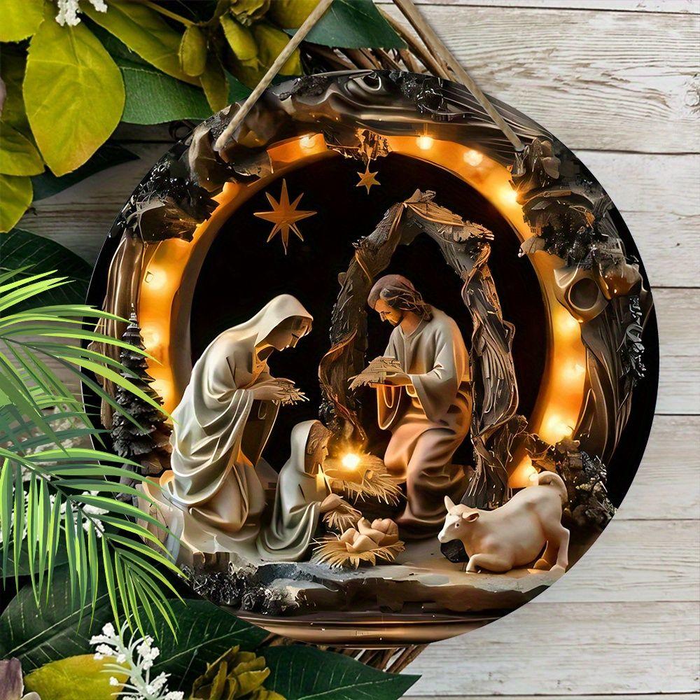 Nativity Scene Christmas Round Wooden Hanging Sign, 2D Flat Wooden Religious Wall Decor, Birth of Jesus Home Ornament