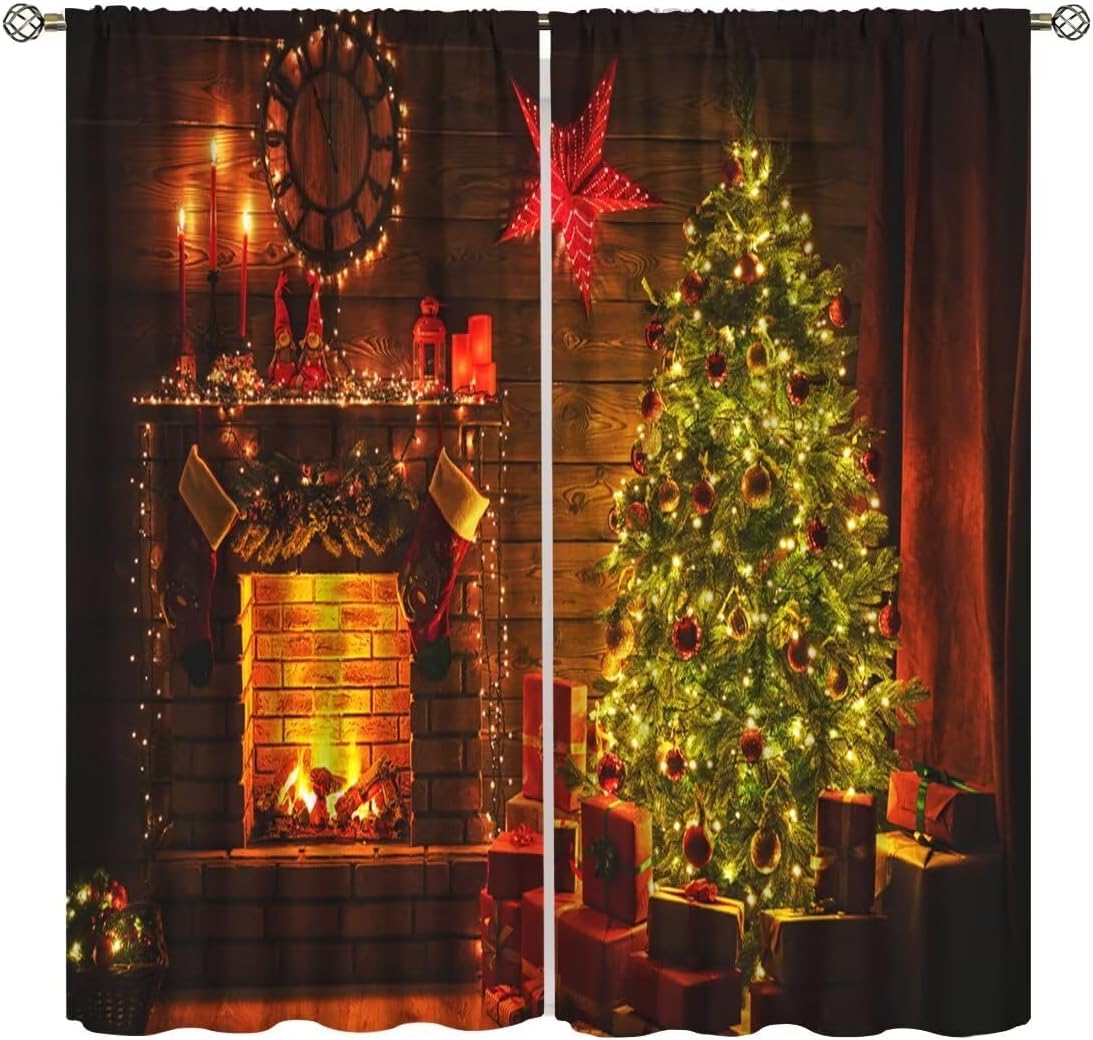 

Christmas Curtains Winter New Year Floral Snowflake Xmas Tree Romantic Window Treatment Living Room Bedroom Kitchen Drapes Made Of Polyester Area W100*H130(CM)-Grommet top&2PCS