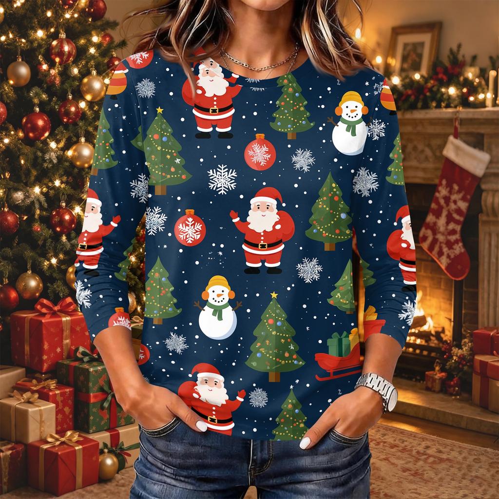 Women's Christmas Print Long Sleeve Neck Pullover Top