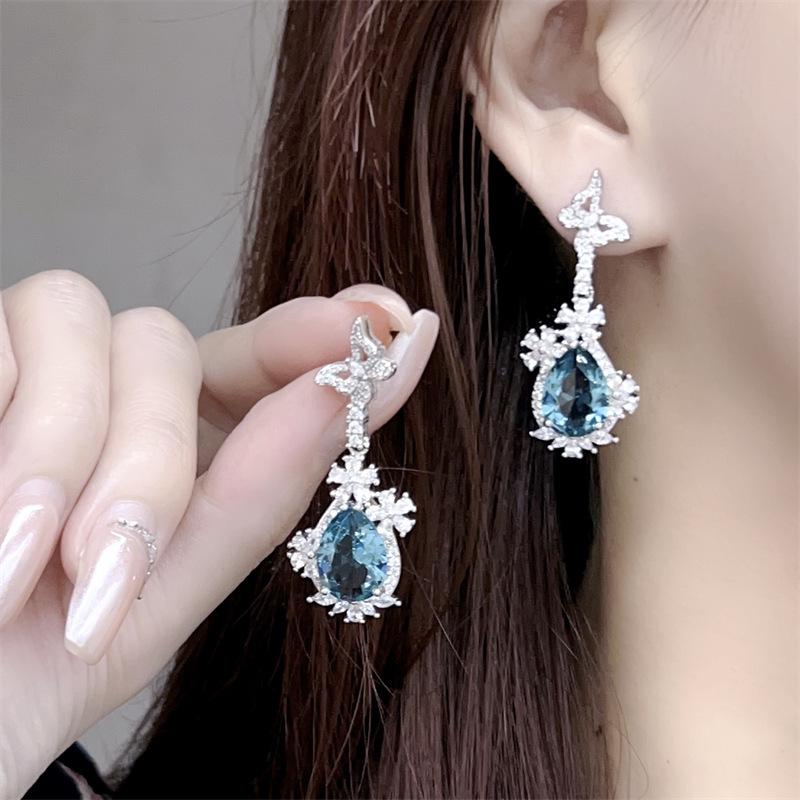 Exquisite Butterfly & Flower Zirconia Aquamarine Stud Earrings for Women - Luxury High-End Style