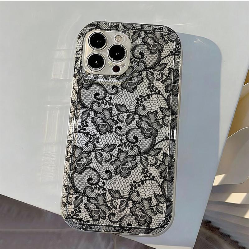 White Trendy Lace Vine Print Transparent Phone Case For iPhone 17 Pro Max Case 17 Air 16 15 14 13 12 11 17E 16E TPU Cover