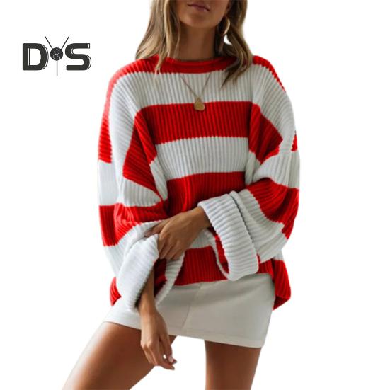 Women Pullover Sweater Wide Striped Color Block Crew Neck Long Sleeve Ribbed Cuffs Oversized Sweater Casual Knitwear