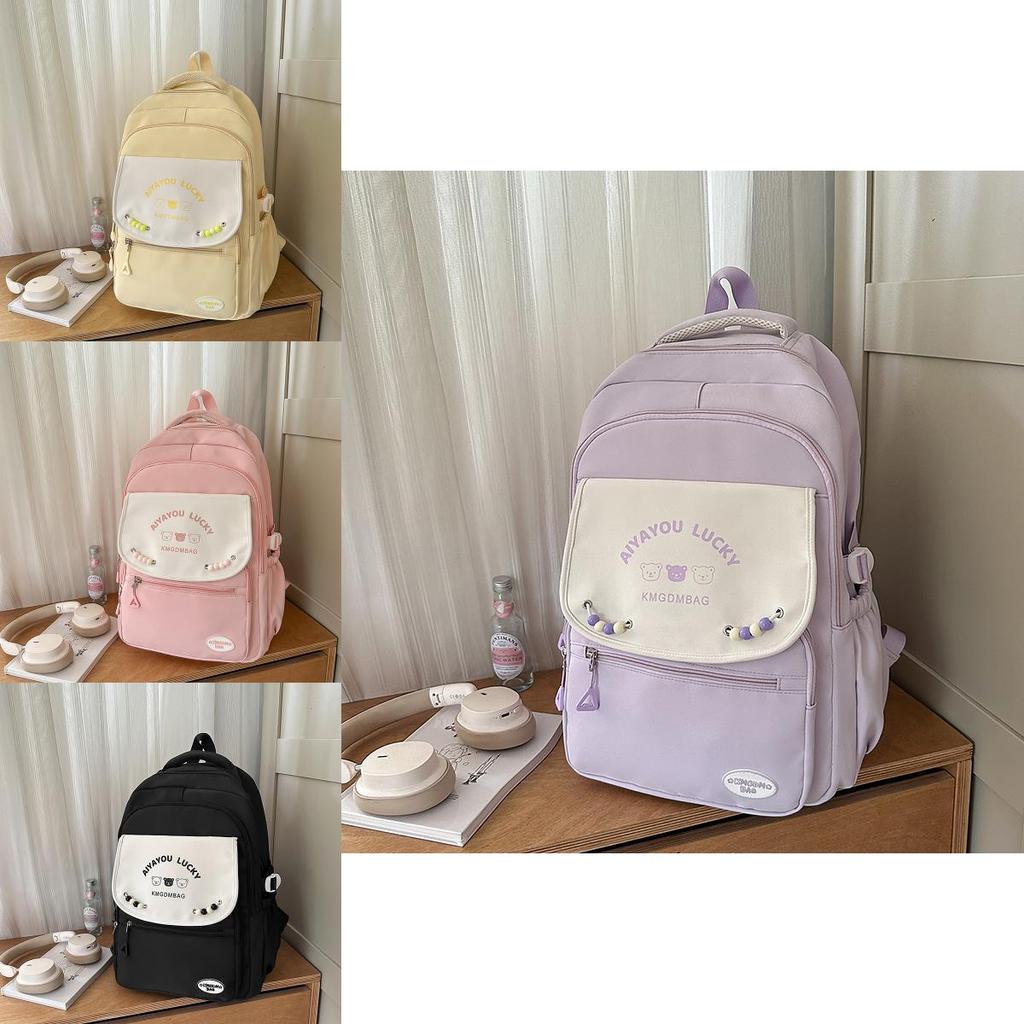 College Student Slim Nylon School Backpack With Letter Bear Print Bead Decoration For Women