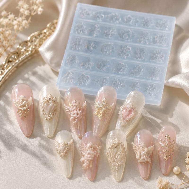 Silicone Nail Art Charm Mold Washable Reusable Angel Heart Fruit Patterns for DIY Manicure Gift for Nail Lovers