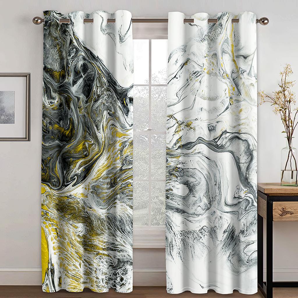 Modern Black Gald Marble Texture Crack Thin 2 Pieces Light Filtering Curtain for Living Room Bedroom Home Window Drape Decor