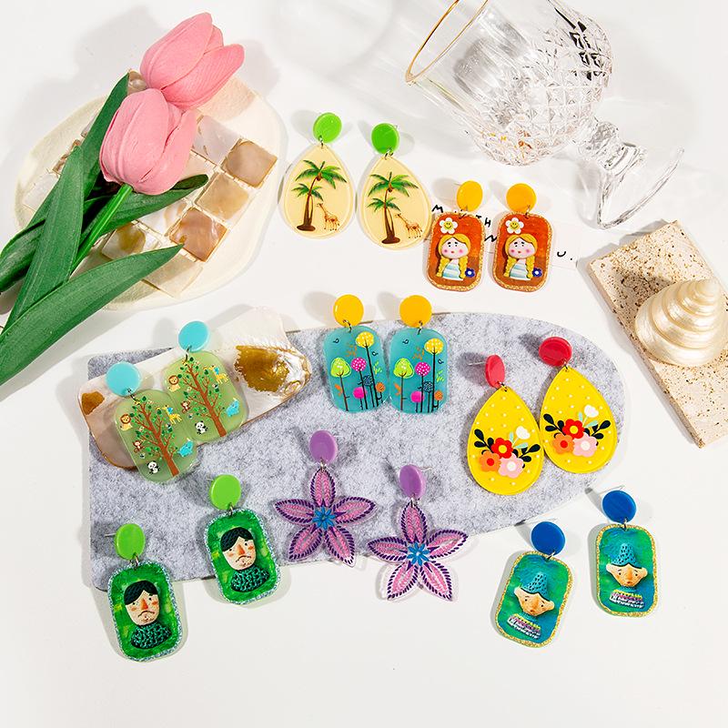 

Charming Acrylic Cartoon Geometric Earrings - Rainbow Florals & Stars Design