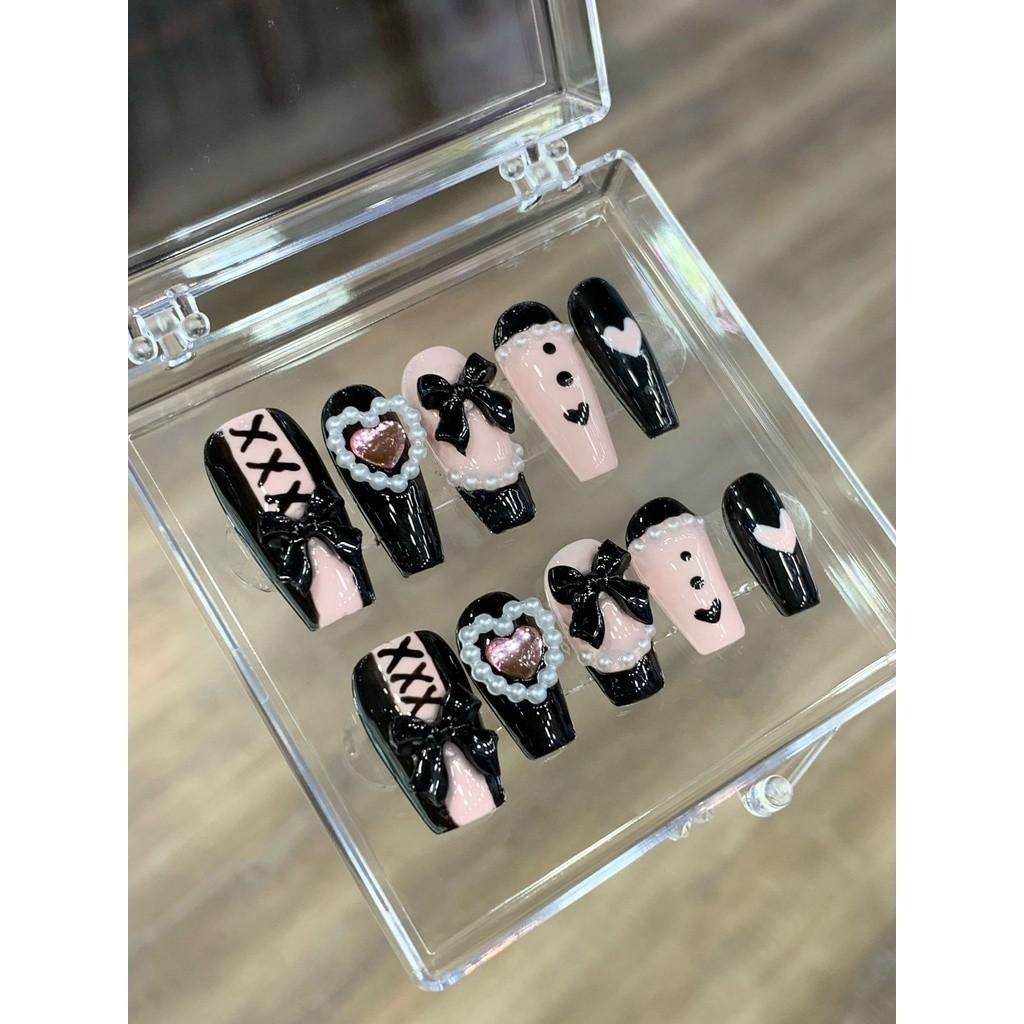 

100% РУЧНАЯ РАБОТА, трапециевидная форма гроба, искусственный дизайн ногтей, мечтательный черный, розовый, персиковый, сердечный, Барби, расписанные вручную ногти для фототерапии, многоразовые ногти XS