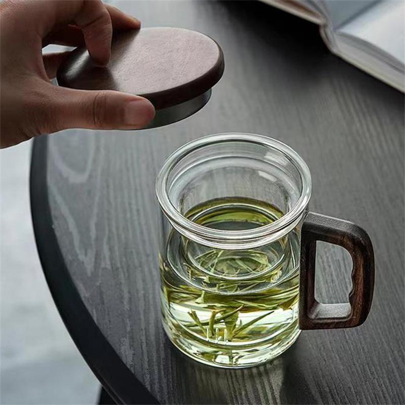 400ml Walnoot Houten Handvat Glazen Theekop Met Thee-infuser Filter Bloemthee Water Scheiding Geurige Thee Mok Drinkgerei