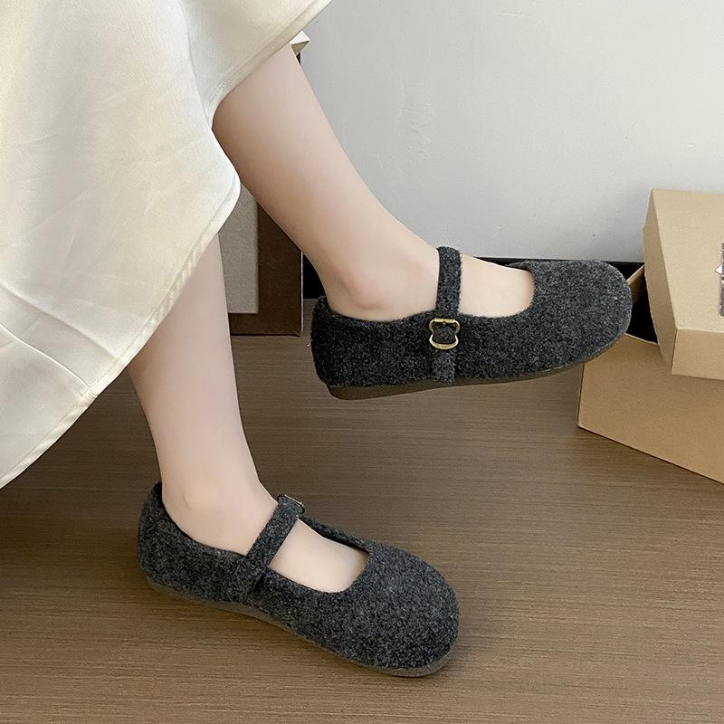 2025 Autumn New French Retro Round Head with Mary Jane Shoes Femininity Plush Flat Shoes