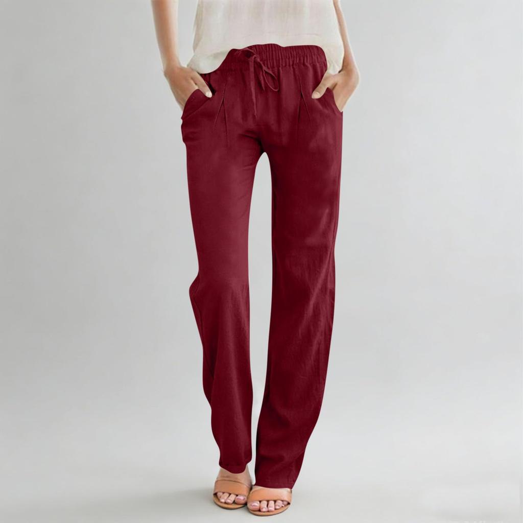 Pantalon décontracté pour femme en coton et lin, droit, à cordon de serrage, taille haute, ample, pantalon de plage avec poche