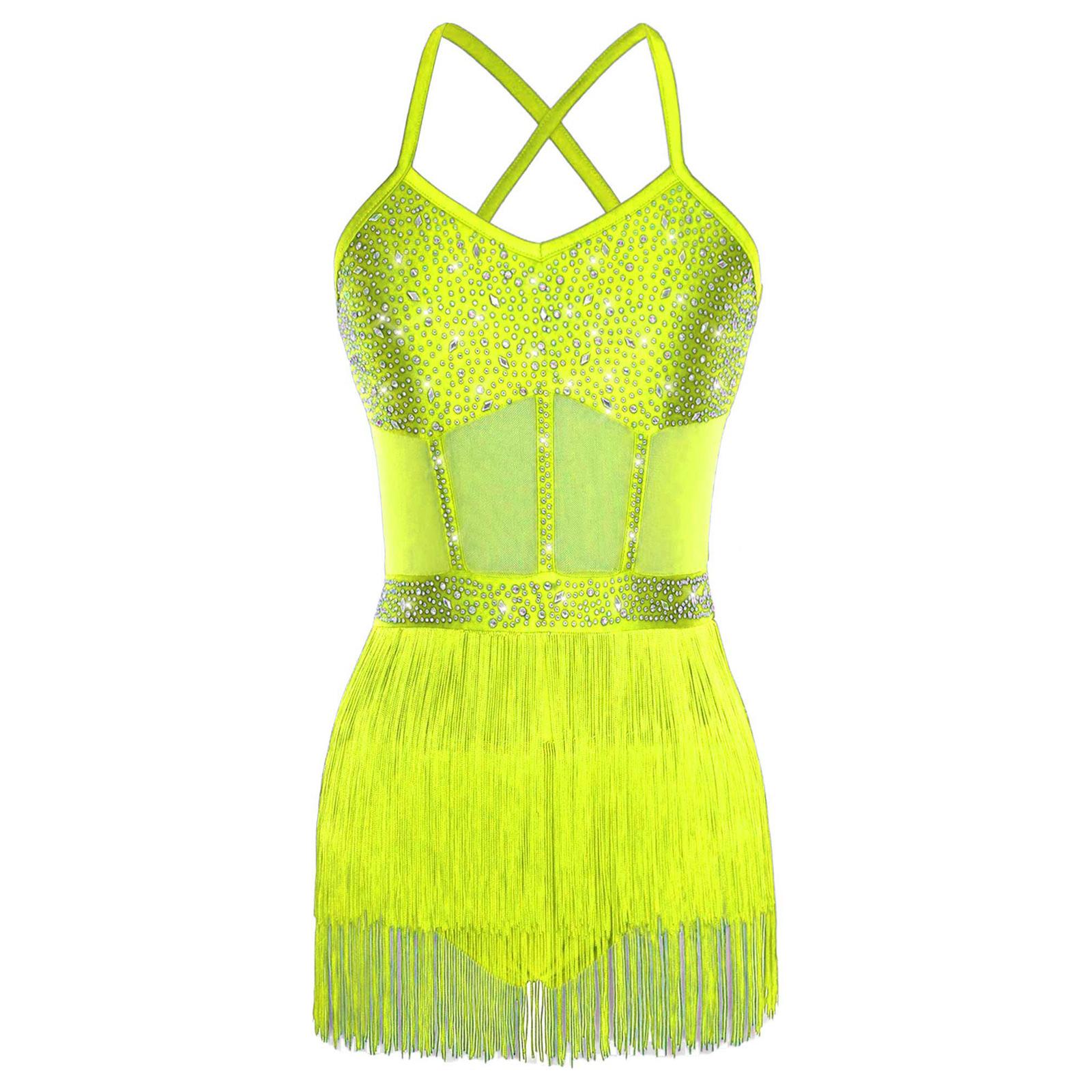 

Жіноча латиноамериканська танцювальна сукня Прозора сітка Печворк Стрази Багаторівнева Бахрома з китиць Суцільний боді флуоресцентний жовтий колір