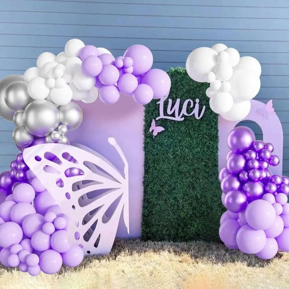 1set Purple Silver White Balloon Arch Kit Metallic Purple Sliver Balloons Garland For Wedding Engagement Birthday Party Decor