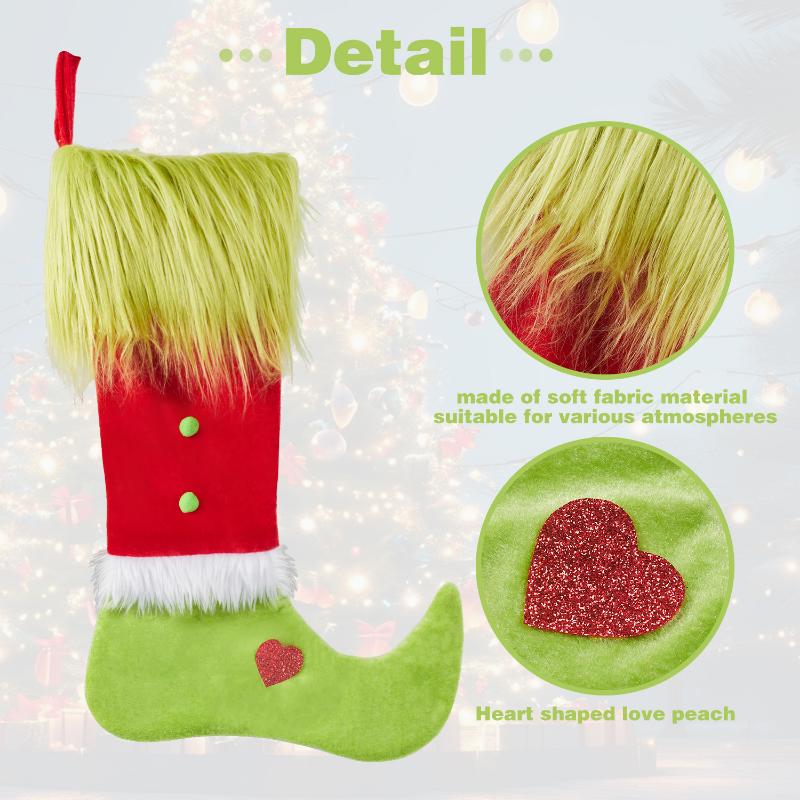 2025 Christmas Socks Long Haired Green Fur Grinch Elements Christmas Socks Candy Bag Christmas Pendant Gift Bag