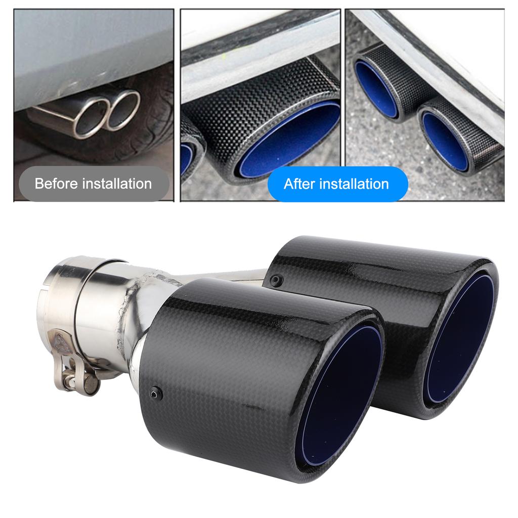Glossy Carbon Fiber Tail Throat Exhaust End Y Shaped Dual Outlet Left Side Mounting Universal for
