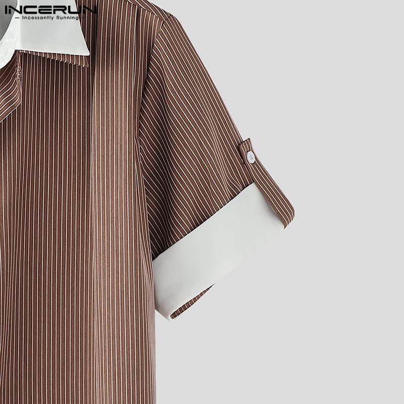 INCERUN Men Turn-down Collar Short Sleeve Patchwork Striped Casual Texture T-shirts