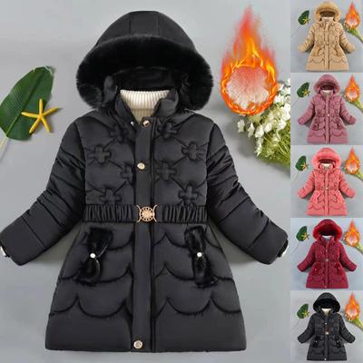Abrigo de invierno para niñas, chaqueta gruesa y abrigada con capucha y cremallera, cuello de piel, ropa de princesa para niños