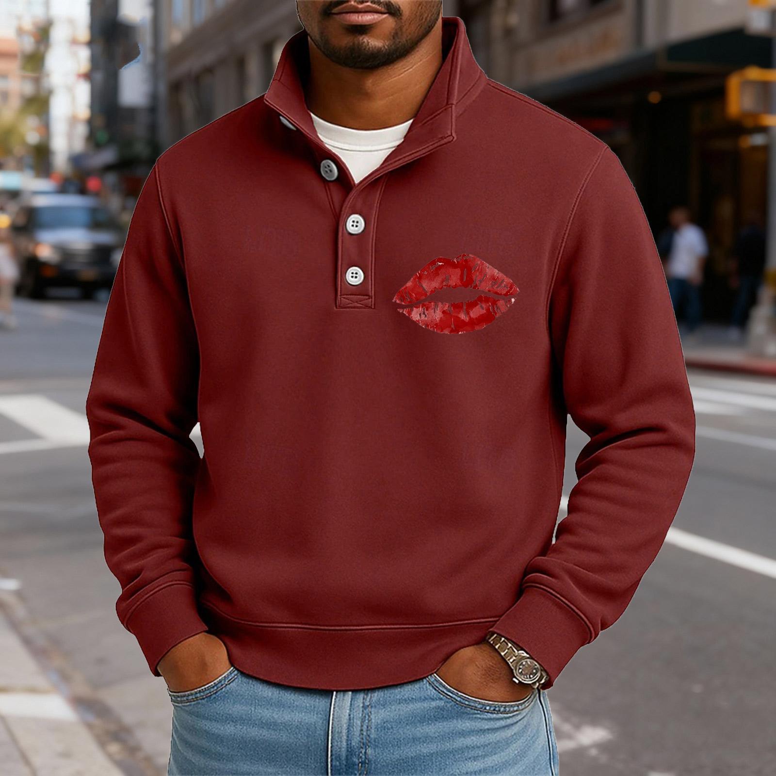 

Men s Casual Stand-Up Collar Long-Sleeve Top Print Button-Down Sweatshirt XL винный