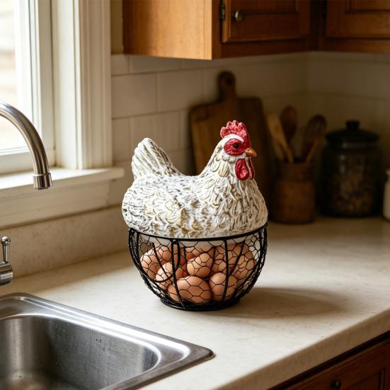 Cesto porta uova di gallina in rete metallica nera antiruggine, porta uova decorativo durevole, cesto per uova in stile fattoria per cucina e tavolo da pranzo