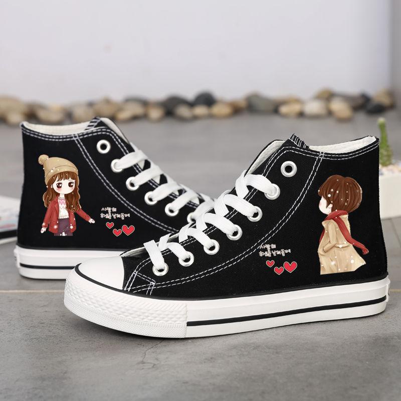 Dámské Boty Jarní Vysoké plátěné Boty Dámské Ploché Ležérní Deskové Boty Studentky Graffiti Boty Korejská verze Wild Cloth Boty Tide