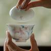 Japanese Style Hand-painted Lily Gaiwan Handmade White Porcelain Tea Bowl Tea Cup Kung Fu Tea Set