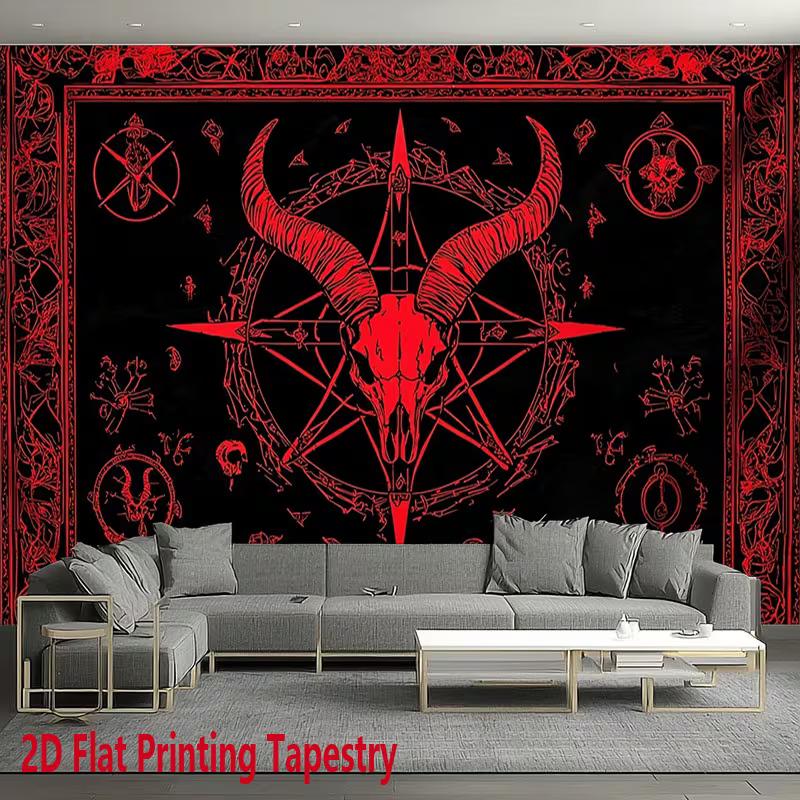 Arazzo 2D Testa di Capra Satanica Oscura Pentagramma Rosso Simboli Occulti Stregoneria Decorazione da Parete