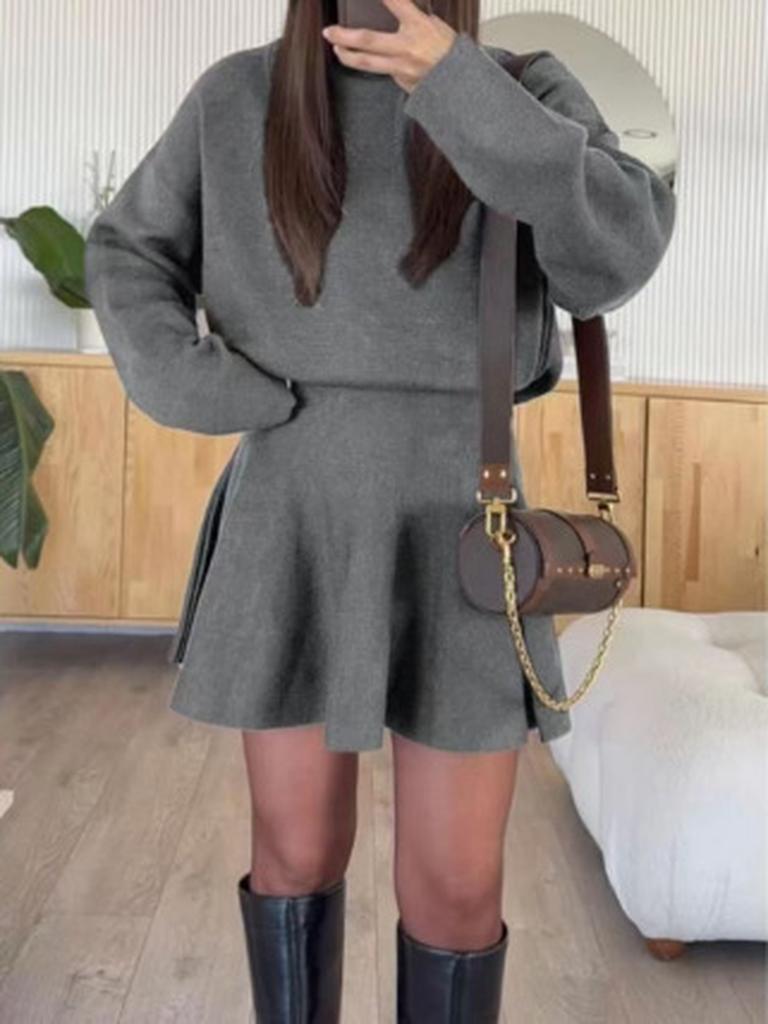 Neues Lässiges Urlaubsstil Langarm Mini-Kleid Set für Damen Herbst Winter