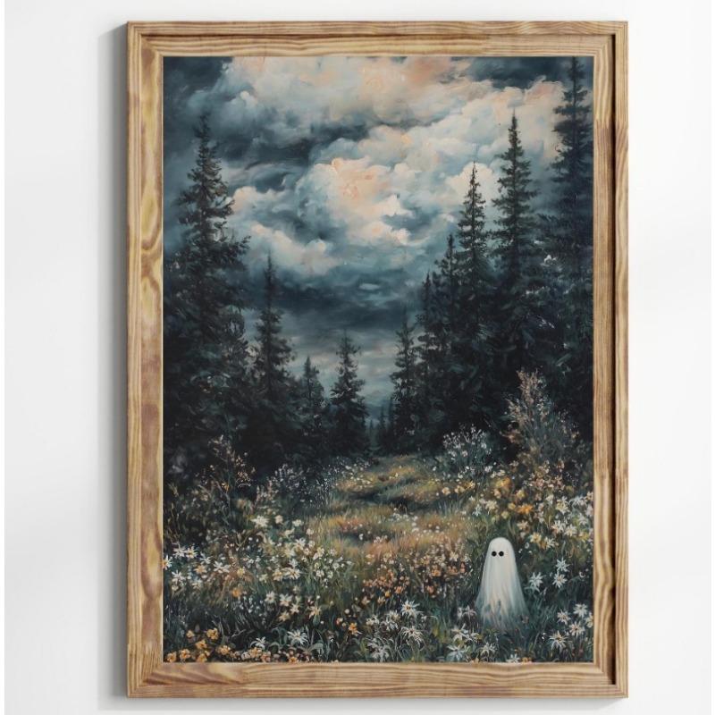 Poster Print Fantomă și Pisică Neagră Flori Sălbatice de Pădure Pictură pe Pânză cu Dovleac Artă Spooky de Halloween Cameră Dark Academia Decor Acasă