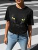 Womens Short Sleeved Black Cat Pattern Printed Round Neck Womens Tshirt Fashionable Commuting Vacation Daily Casual Top